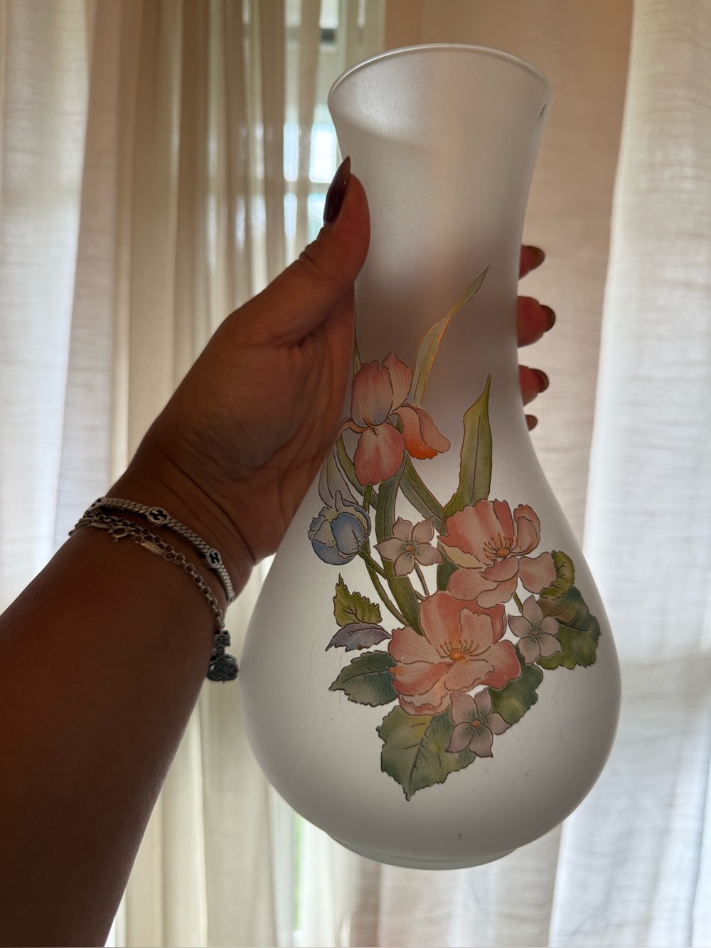 Frosted Glass Floral Vase - White with Pink Flower Design